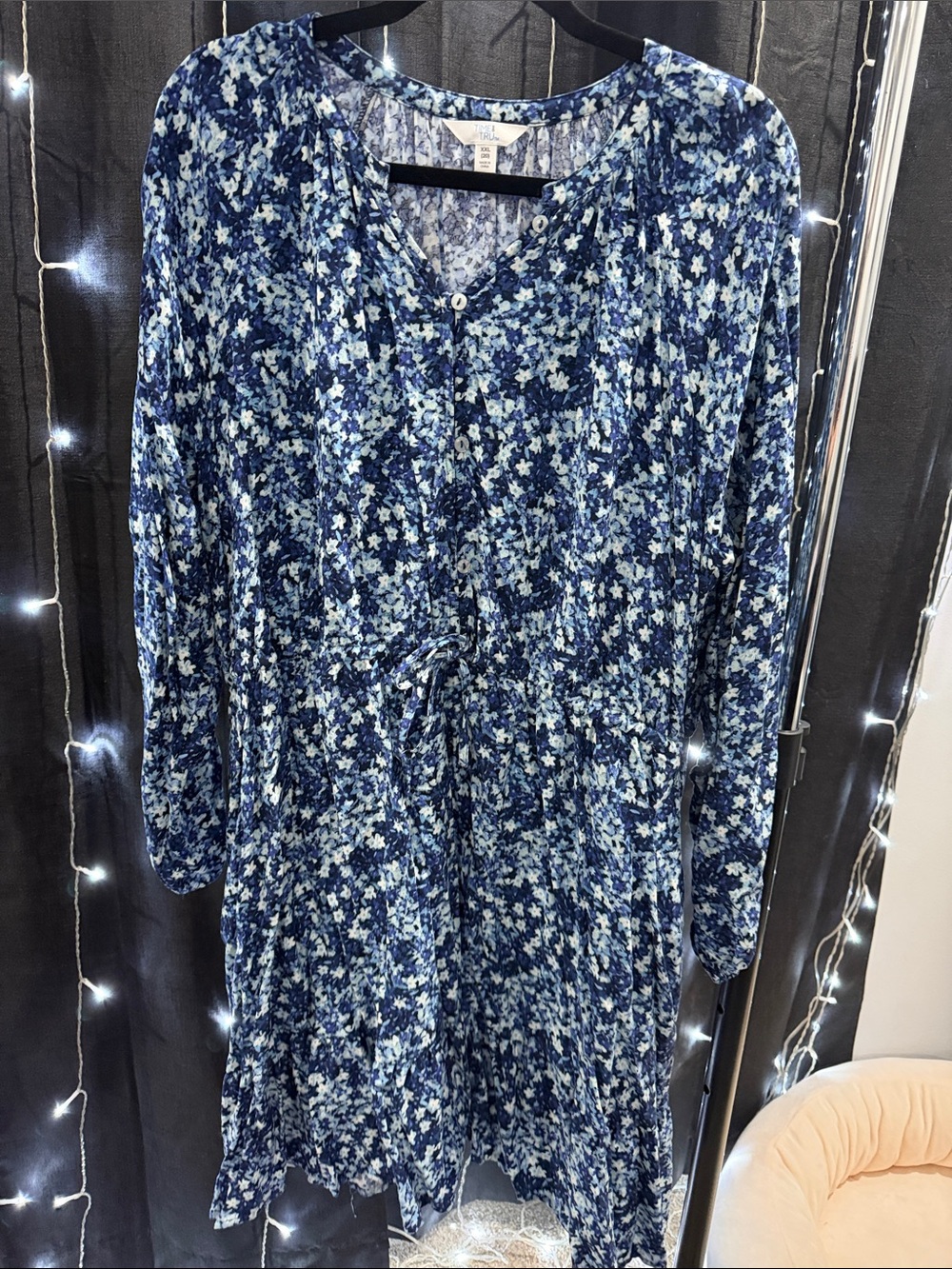 Time and Tru Blue Floral Button-Front Long Sleeve Dress